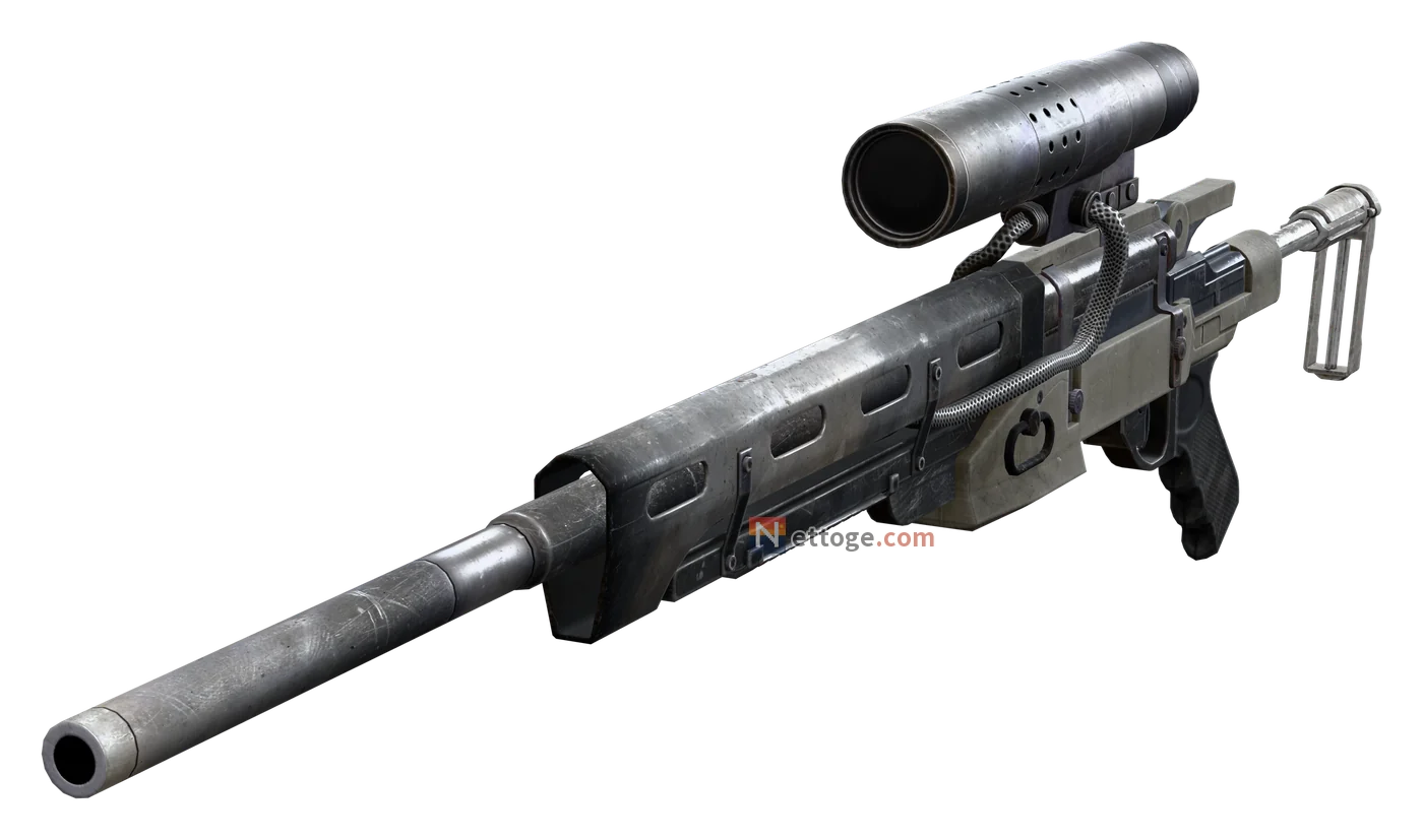 増幅したオスプレーを斜め前から見た姿。銀色の長い銃身と、穴の開いた太いスコープ