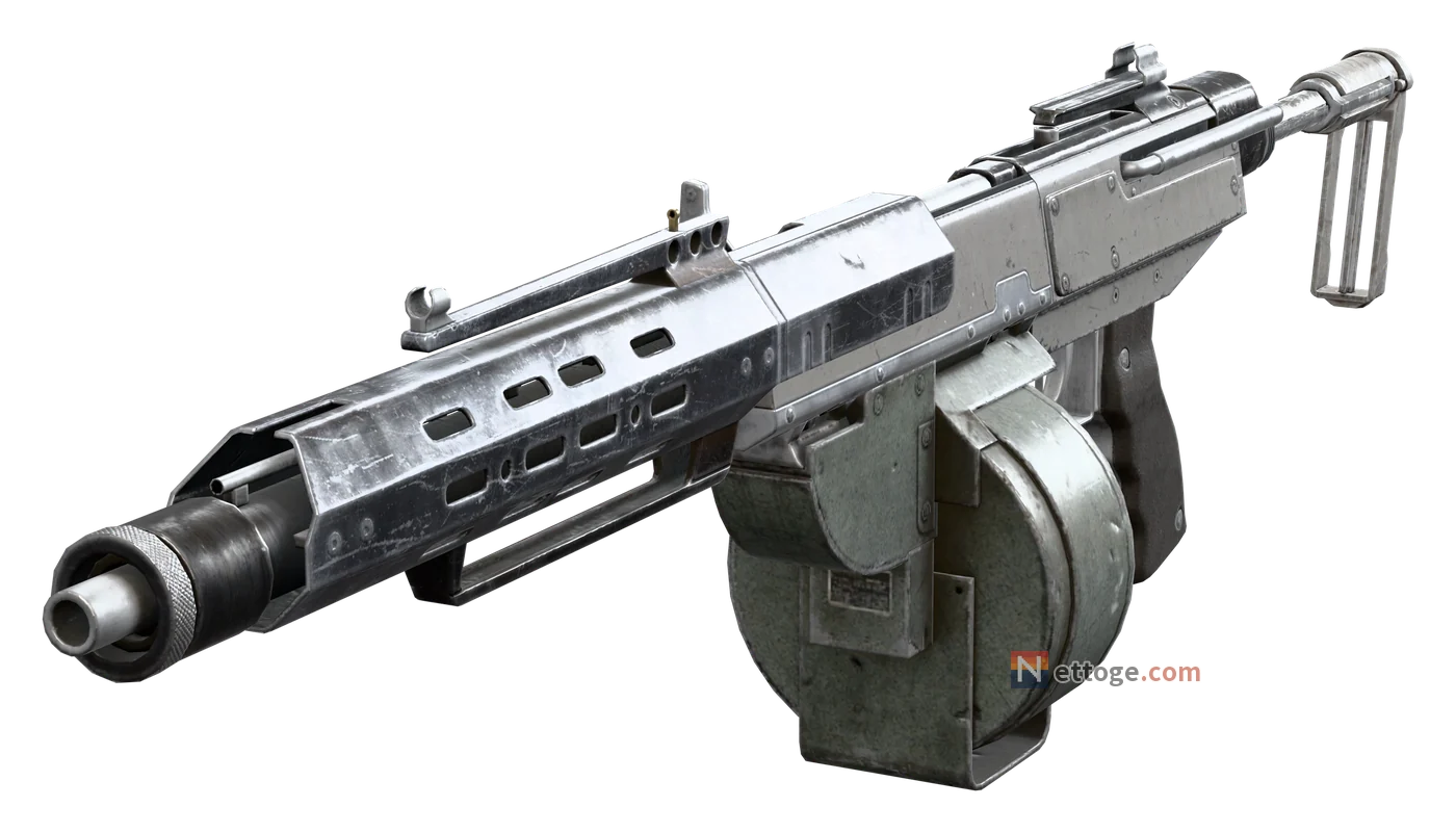 ドラム弾倉を付けて増幅したラトラーを斜め前から見た姿。銃身を覆う銀色の筒と、下の丸いドラム弾倉