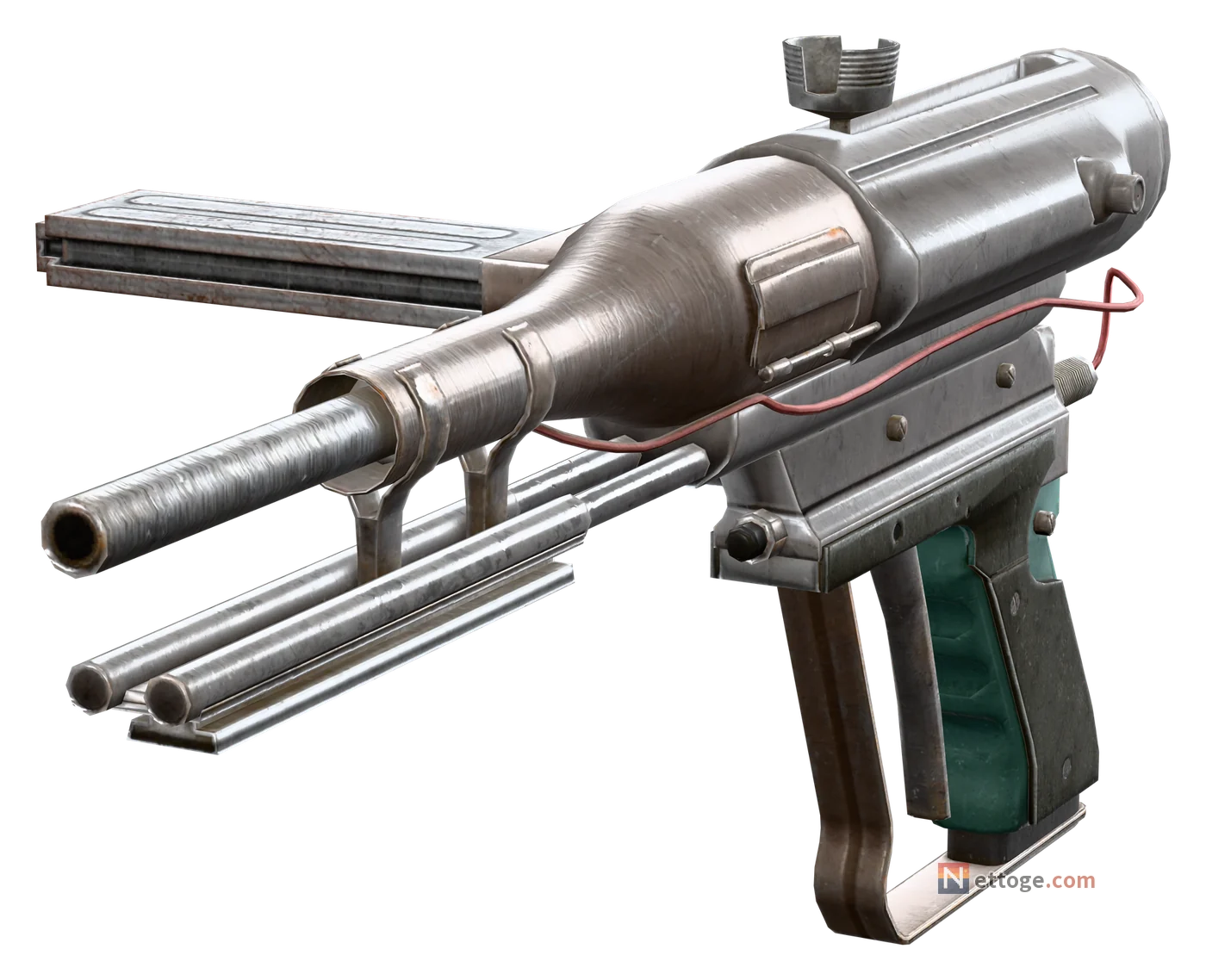 スティッチャーを斜め前から見た姿。銃身の下に細い棒が 2 本並び、本体の上に丸い蓋が付いている
