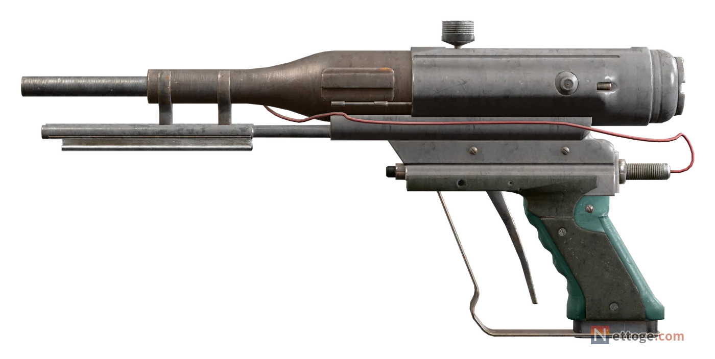 スティッチャーを横から見た姿。細い銃身と筒形の本体に、緑の握りが付いた SMG