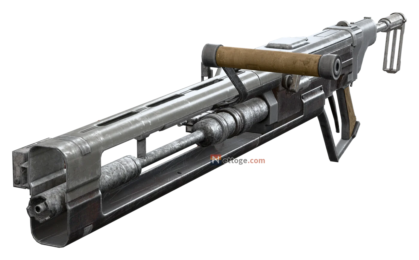 トレンテを斜め前から見た姿。開いた枠の中に銃身が通り、上に横向きの木の持ち手が付く