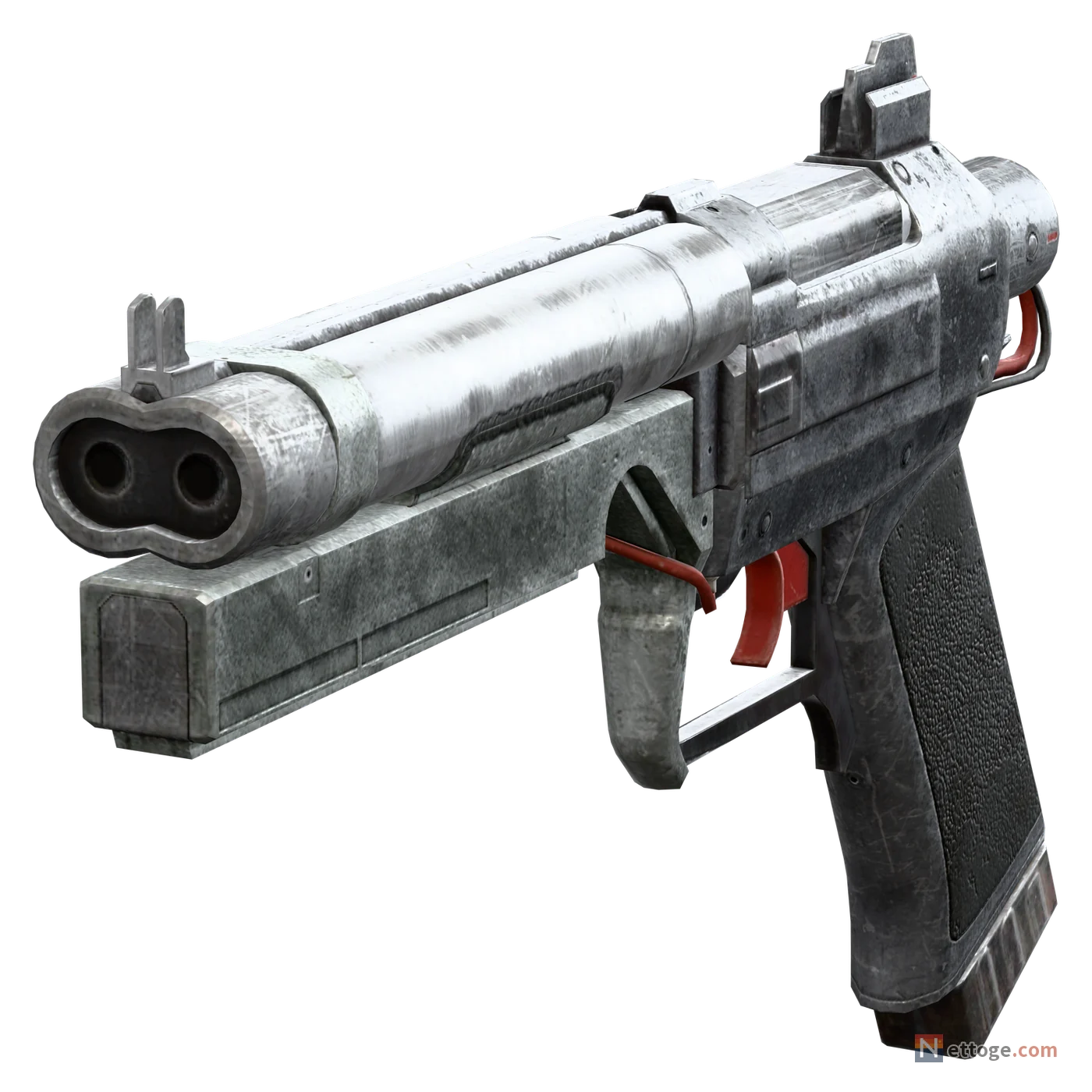ヴェネイターを斜め前から見た姿。1 つの覆いの中に銃口が 2 つ並び、赤い引き金と黒い握りが付く