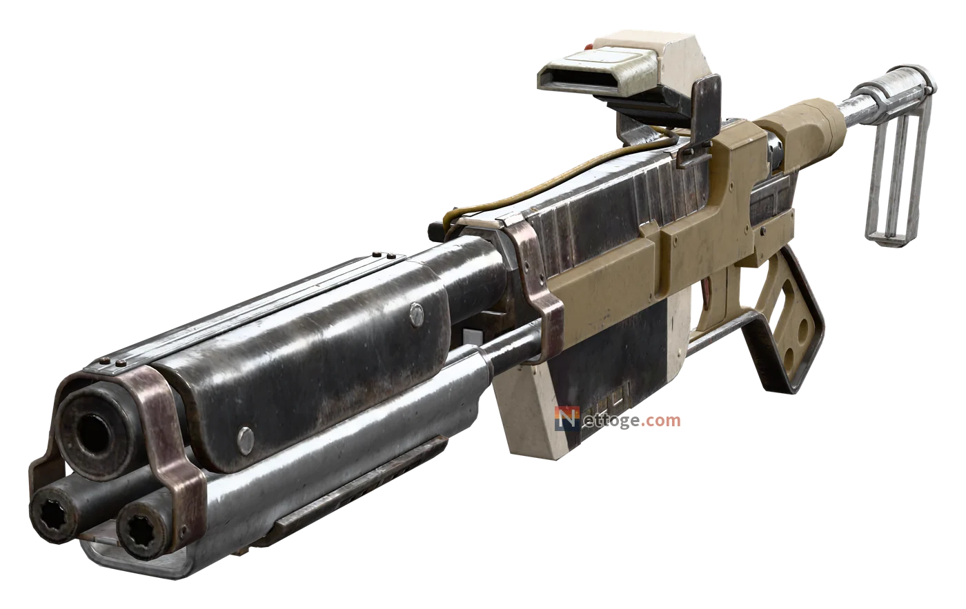 ヴルカノを斜め前から見た姿。太い銃身の先に大きな穴が 1 つと小さな穴が 2 つ並び、上に箱形の照準器が付いている