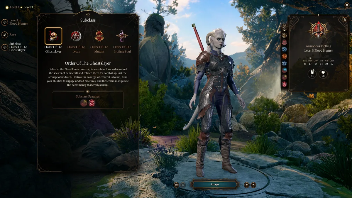 Blood Hunter Classでサブクラスを選ぶ画面。4つの結社が並ぶ