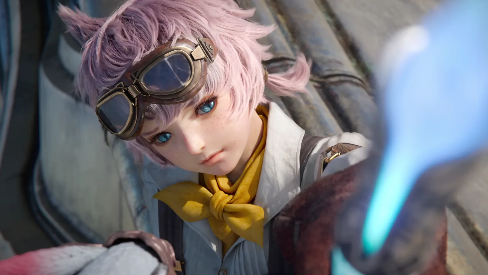 ゴーグルを着けたピンクの髪の少女