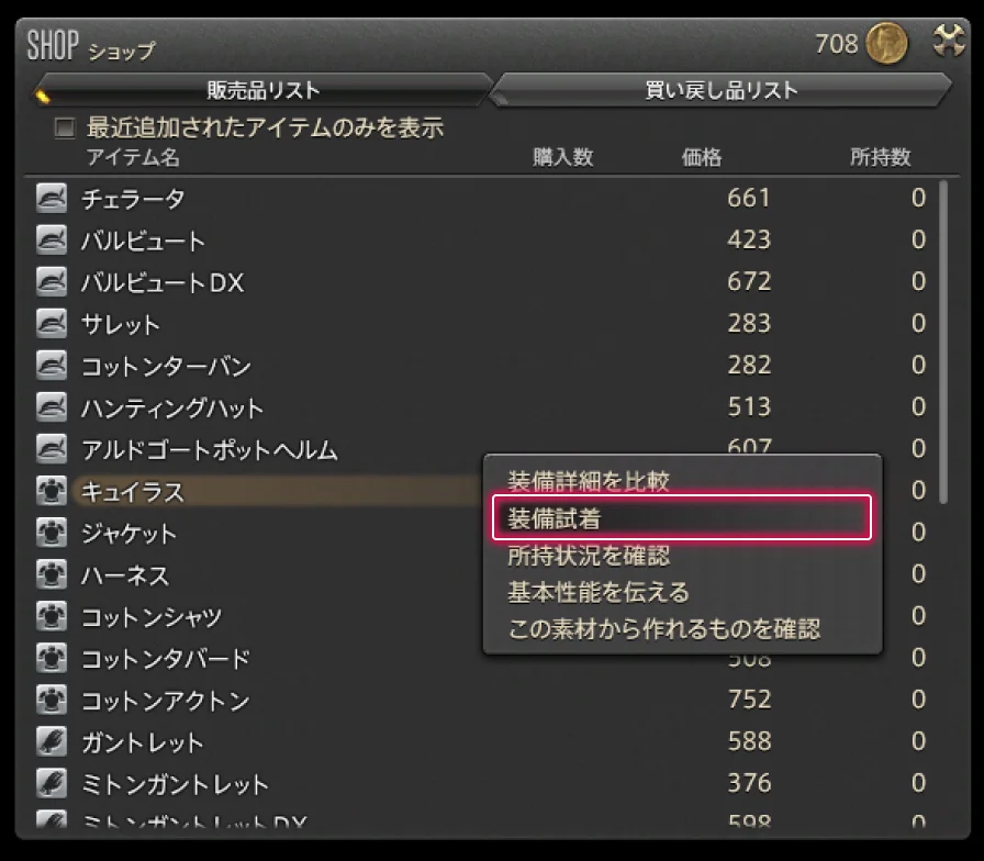 ショップの装備のサブコマンドに並ぶ装備試着