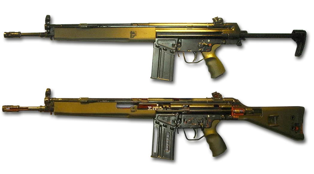 実銃のH&K G3と、内部が見えるよう切り開いたG3