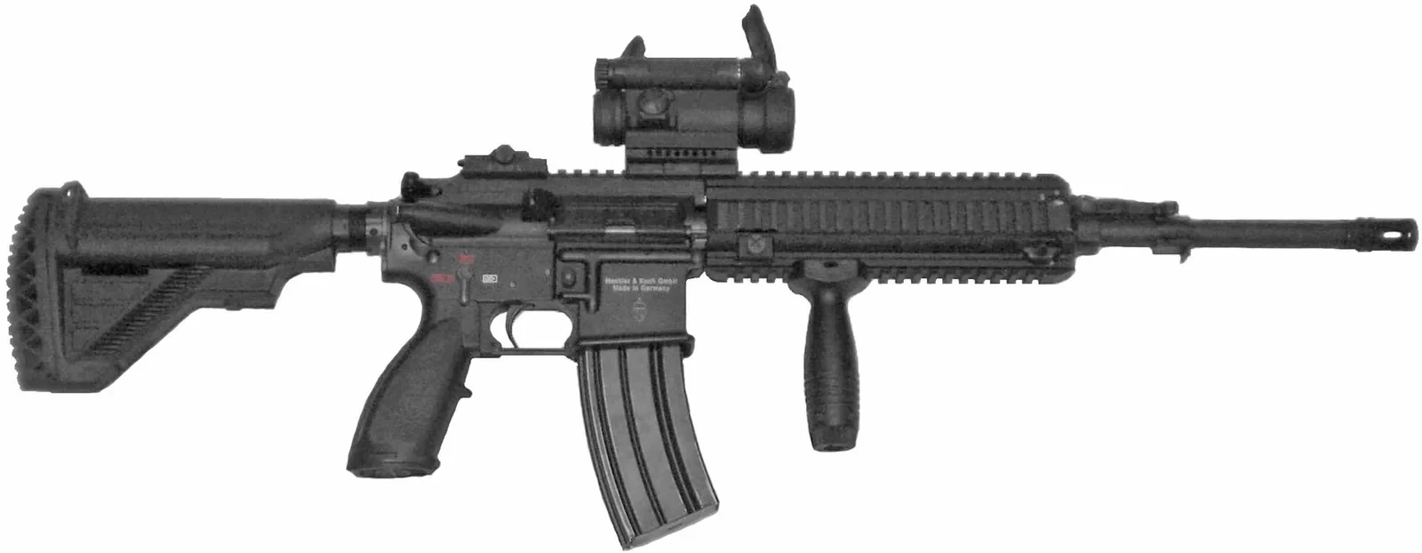 ドットサイトとフォアグリップを付けた実銃のHK416