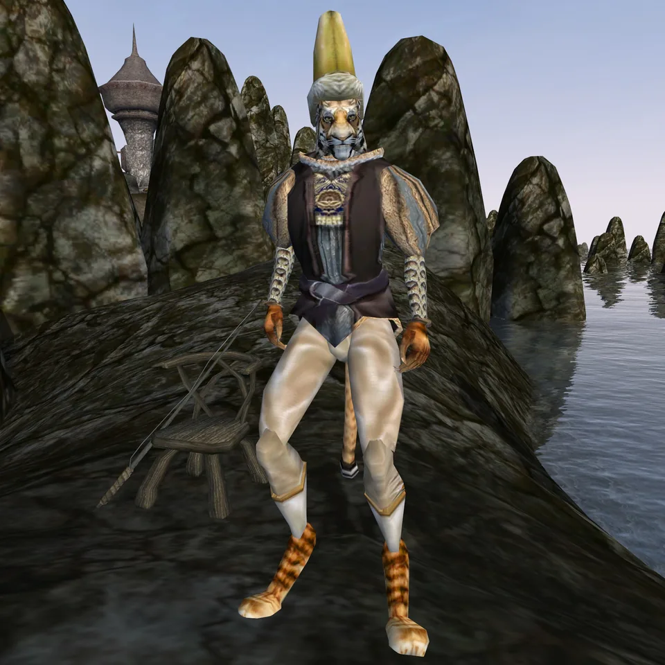 Morrowind のムアイク。コロヴィアの毛皮の兜をかぶったスーセイ=ラートのカジート