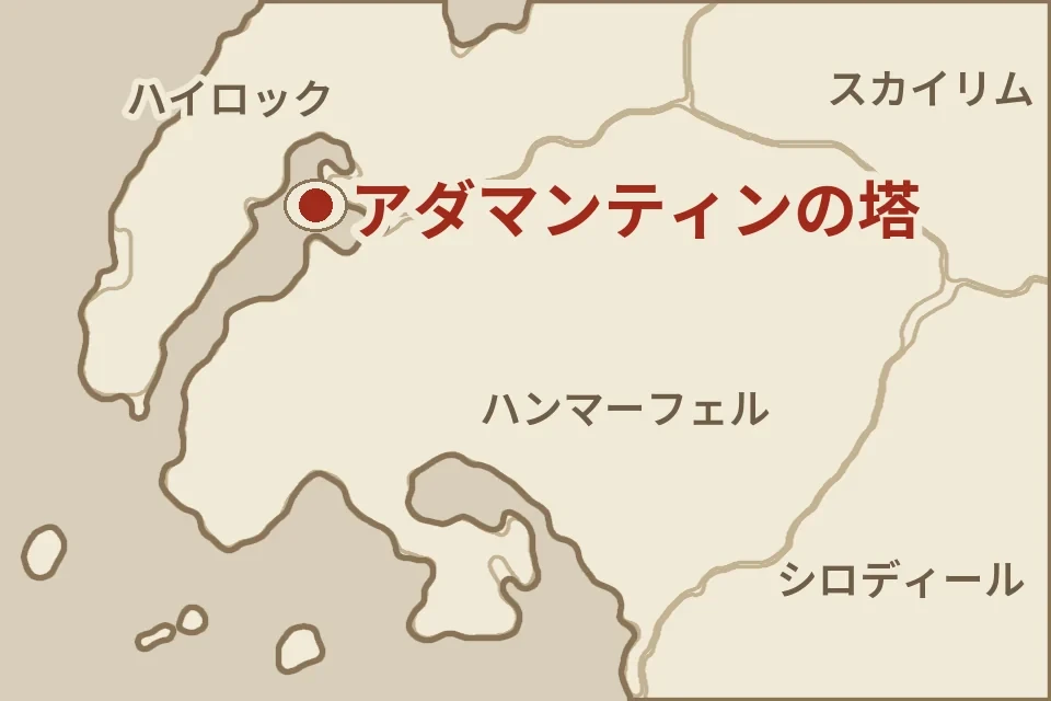 タムリエル西部の地図。赤い点がアダマンティンの塔の立つバルフィエラ島（イリアック湾の中）