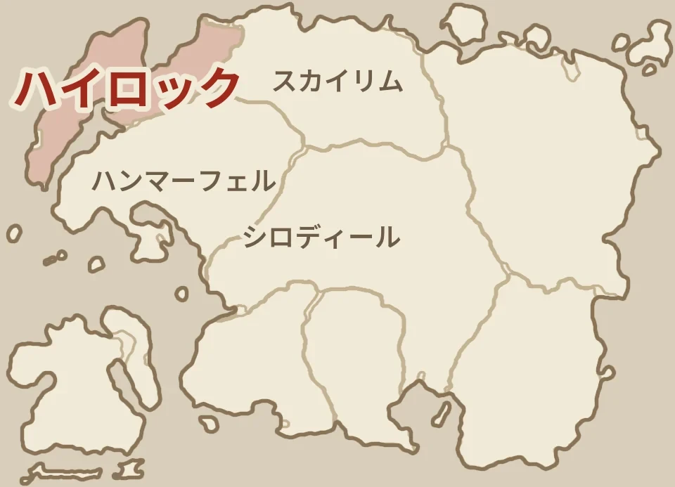 タムリエル全体の地図。赤く塗った所がハイロック（タムリエルの北西）