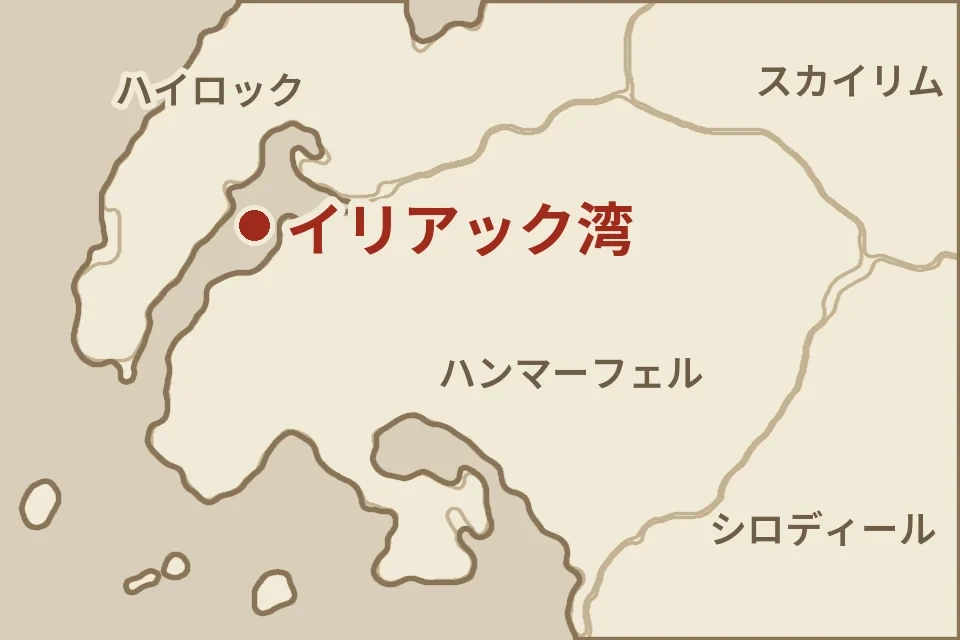 タムリエル西部の地図。赤い点がイリアック湾（北がハイロック、南がハンマーフェル）
