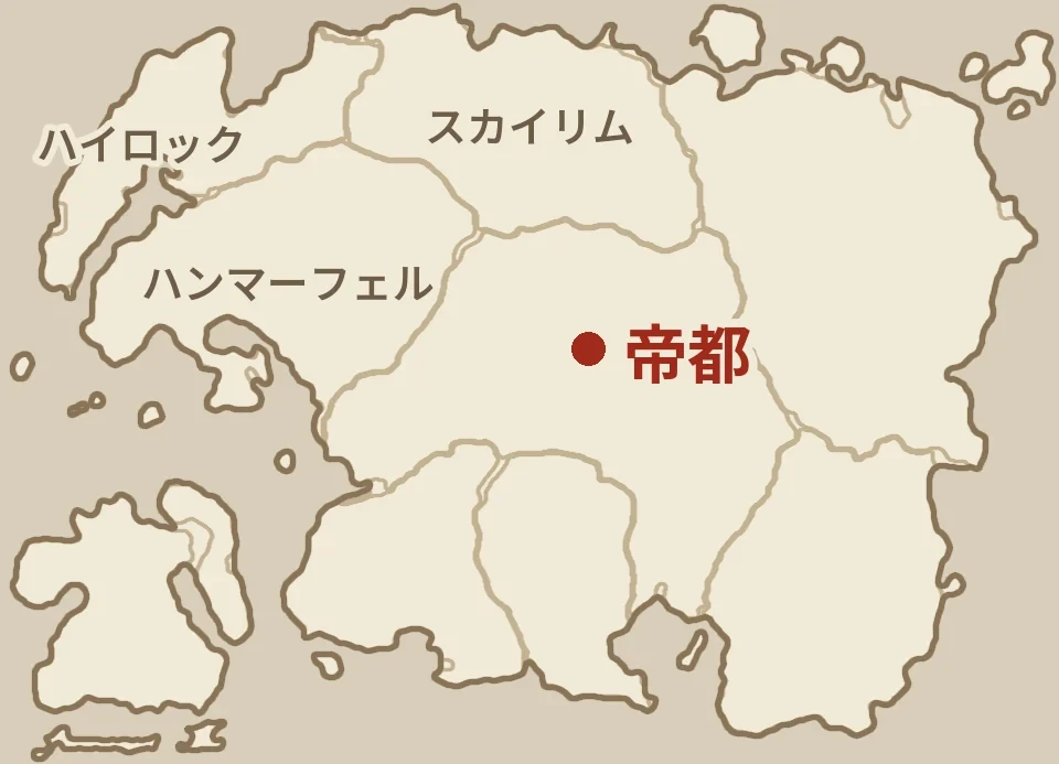 タムリエル全体の地図。赤い点が帝都（シロディールの中央）