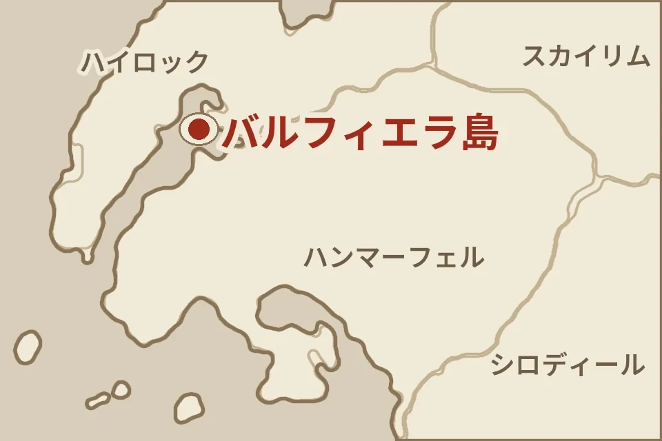タムリエル西部の地図。赤い点がバルフィエラ島（イリアック湾の中）