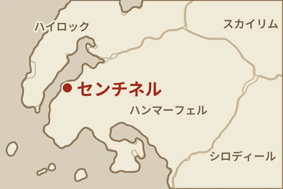 タムリエル西部の地図。赤い点がセンチネル（ハンマーフェルの北西、イリアック湾の南岸）
