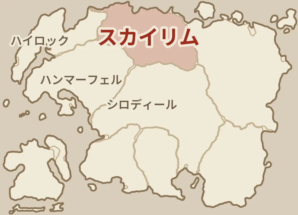 タムリエル全体の地図。赤く塗った所がスカイリム（タムリエルの北）