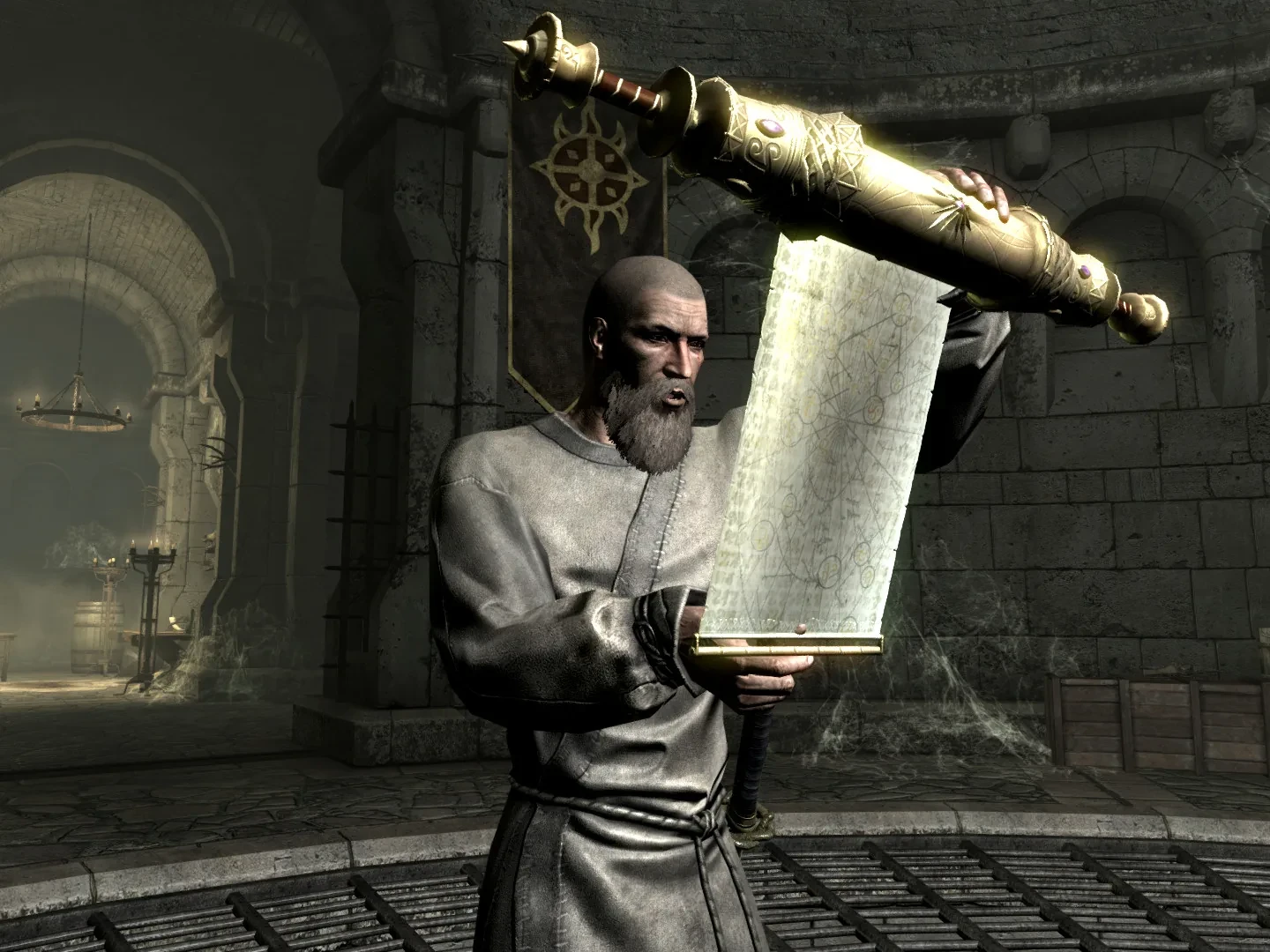 Skyrim のドーンガードで星霜の書を読むデクシオン・エヴィカス