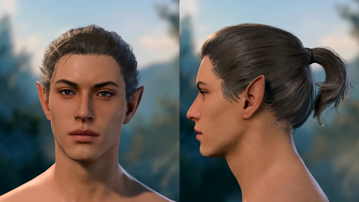 細身の男性のキャラクターに付けた後ろで束ねた髪を正面と横から見た画面